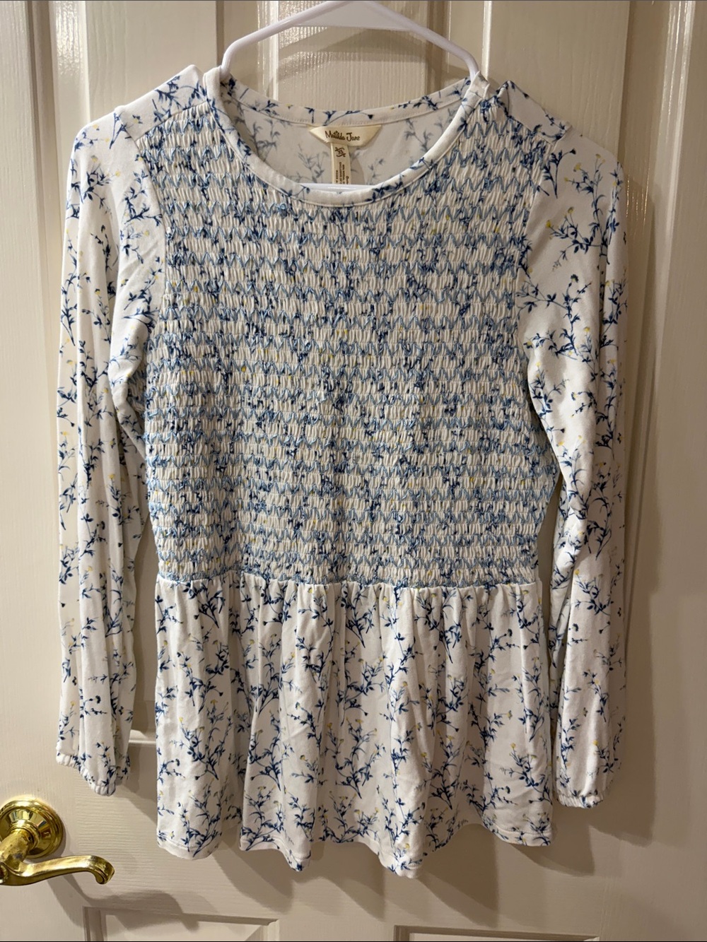 Like New XS Matilda Jane White Top with Blue Floral Smocking